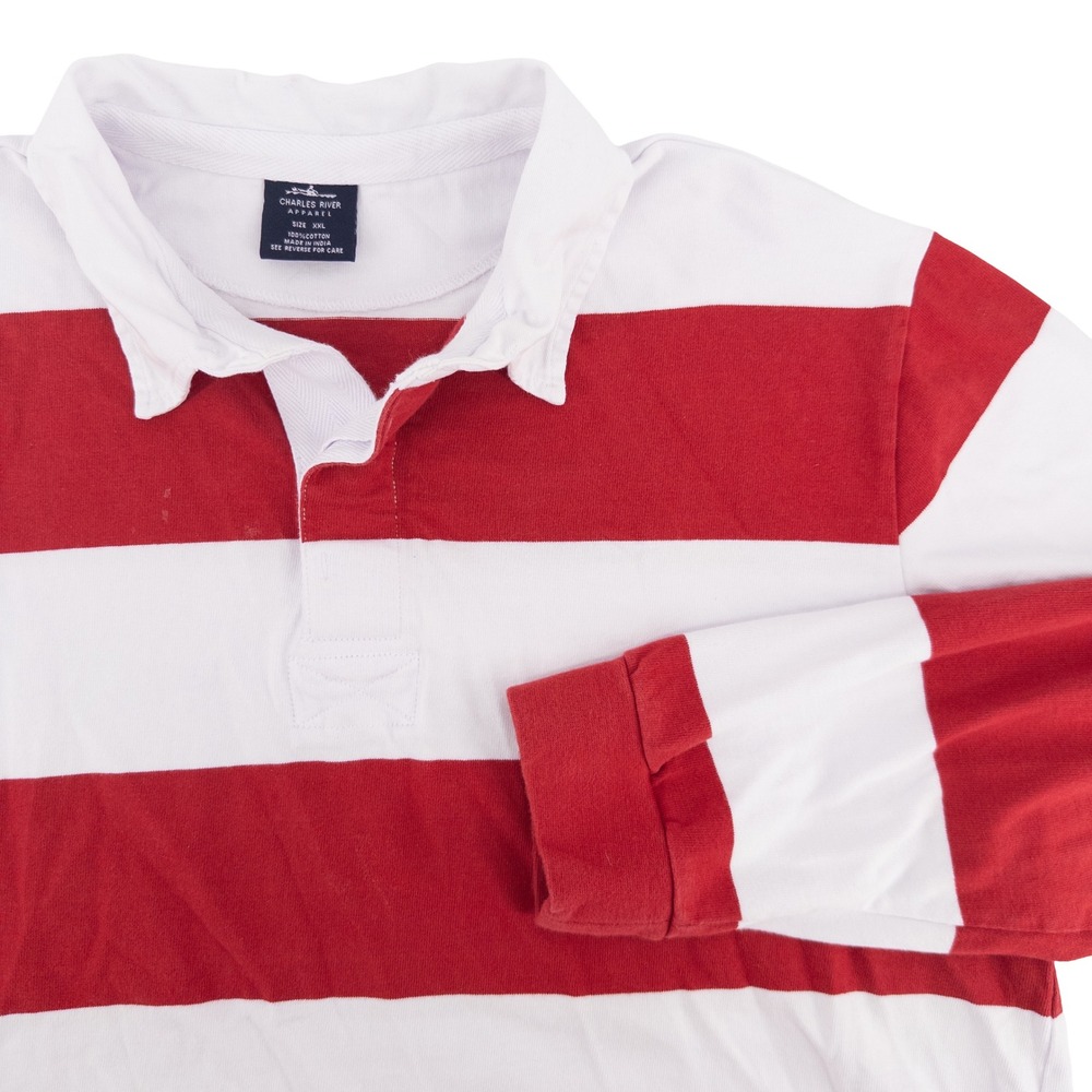 Charles River Apparel Mens XXL Rugby Shirt Red White Striped Preppy Rugbycore